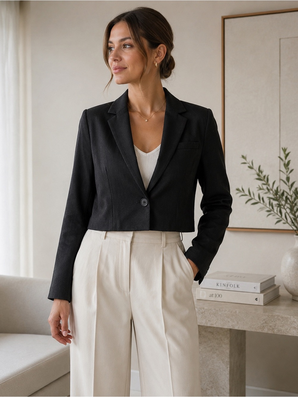 American Eagle Cropped Linen Blend One Button Blazer Black Size Large